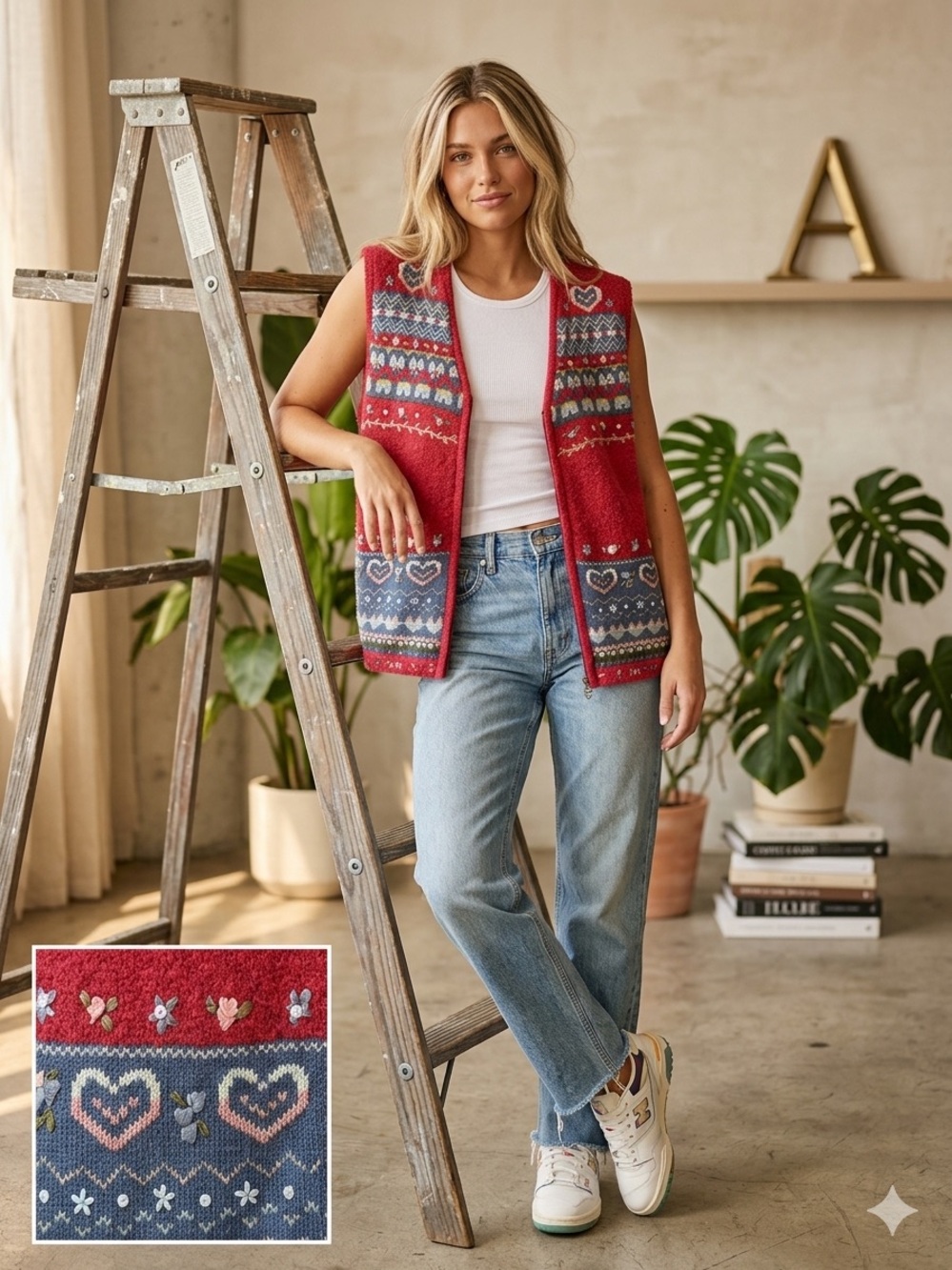 Vintage Koret City Blues Red Knit Vest with Multicolor Fair Isle Trim